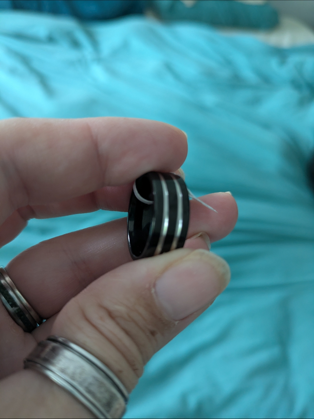 Black And Silver Stainless Steel Ring (Size 17) Double Loop Two Tone